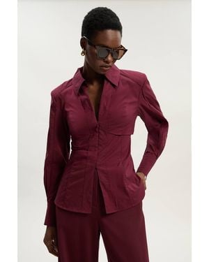 Karen Millen Pleated Detail Cotton Woven Long Sleeve Shirt - Red
