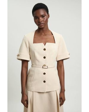 Karen Millen Viscose Belted Square Neck Short Sleeve Tailored Jacket - Natural