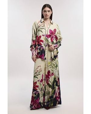 Karen Millen Viscose Satin Print Wide Leg Woven Trouser - White