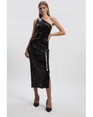 Karen Millen Sequin With Lace Detail One Shoulder Midi Dress - Black