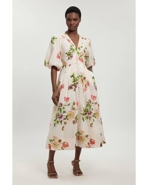 Karen Millen Silk Cotton Floral Puff Sleeve Midi Dress - Natural