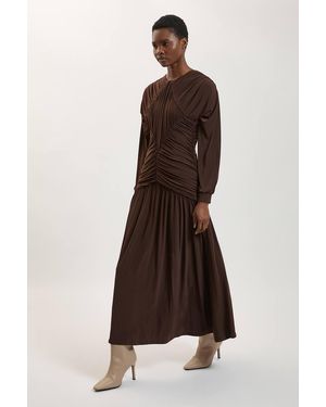 Karen Millen Premium Ruched Long Sleeved Jersey Maxi Dress - Brown