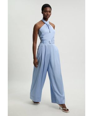 Karen Millen Premium Viscose Linen Cross Front Halter Belted Woven Wide Leg Jumpsuit - Blue