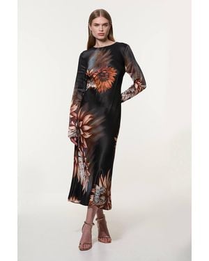 Karen Millen Viscose Satin Long Sleeve Bias Cut Woven Midi Dress - Multicolour