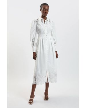 Karen Millen Cotton Cutwork Balloon Sleeve Woven Midi Dress - White