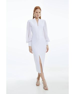 Karen Millen Bandage Figure Form Zip Detail Chiffon Sleeve Knit Dress - White