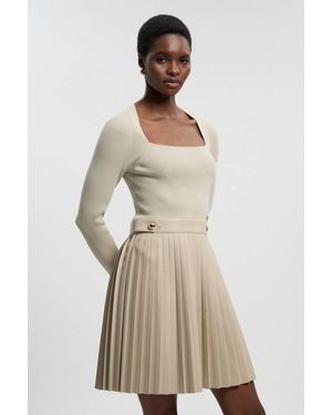 Karen Millen Viscose Rib Pu Mix Tab Detail Pleated Knit Mini Dress - Natural