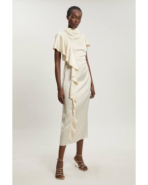Karen Millen Textured Satin Ruffle Detail Midi Dress - Natural