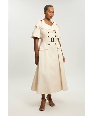 Karen Millen Plus Size Tailored Cotton Trench Belted Full Skirted Midi Dress - Natural