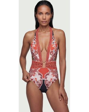 Karen Millen Scarf Mirrored Print Plunge Swimsuit