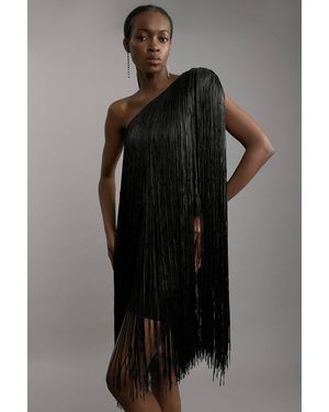 Karen Millen Figure Form Bandage One Shoulder Fringe Mini Knit Dress - Black