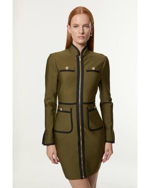 Karen Millen Figure Form Bandage Knit Piping Detail Military Dress - Green