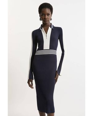 Karen Millen Rib Knit Polo Zip Up Midi Dress - Blue