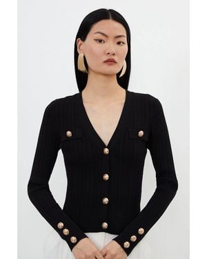 Karen Millen Viscose Blend Dry Handle Rib Military Trim Cardigan Jumper - Black