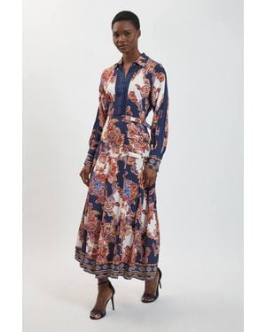 Karen Millen Baroque Print Belt Detail Viscose Midi Shirt Dress - Red