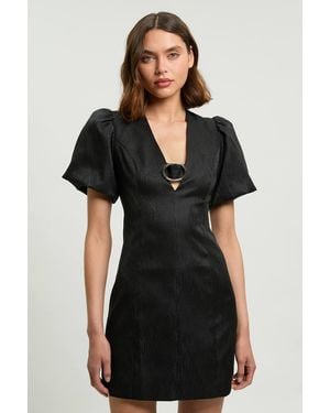 Karen Millen Tailored Puff Sleeve Trim V Neck Detail Mini Dress - Black