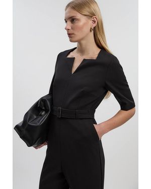 Karen Millen Forever Structured Crepe Notch Neck Belted Tailored Jumpsuit - Black