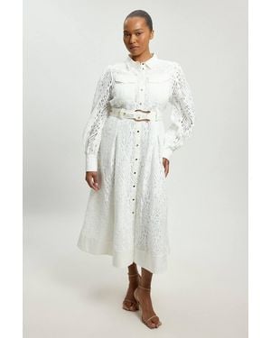 Karen Millen Plus Size Cotton Cutwork Woven Shirt Midi Dress - Natural