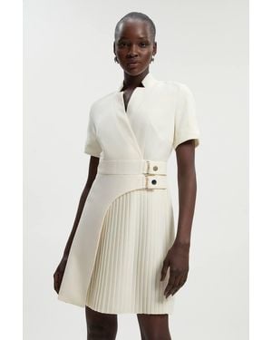 Karen Millen Forever Tailored Crepe Military Pleat Notch Neck Wrap Mini Dress - Natural