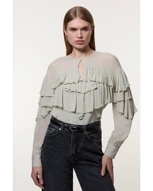 Karen Millen Drama Ruffle Viscose Georgette Woven Blouse - Grey
