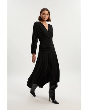 Karen Millen Stretch Drapey Crepe Ruched Plunge Neck Batwing Sleeve Maxi Dress - Black