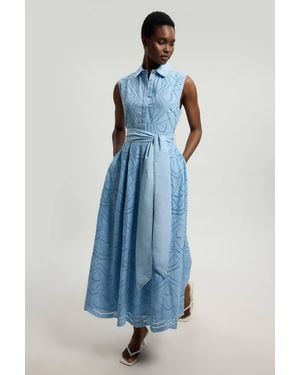 Karen Millen Petite Cotton Broderie Scalloped Hem Sleeveless Shirt Dress - Blue