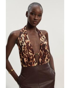 Karen Millen Leopard Print Plunge Halter Neck Trim Detail Mesh Bodysuit - Brown
