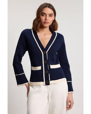 Karen Millen Knit Cotton Contrast Tipped Cardigan Jumper - Blue