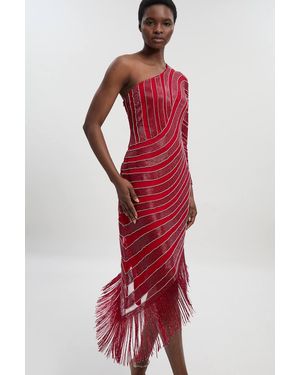 Karen Millen Petite Thigh High Split Embellished Woven Fringed Midi Dress - Red