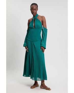 Karen Millen Crinkle Cold Shoulder Georgette Woven Maxi Dress - Green