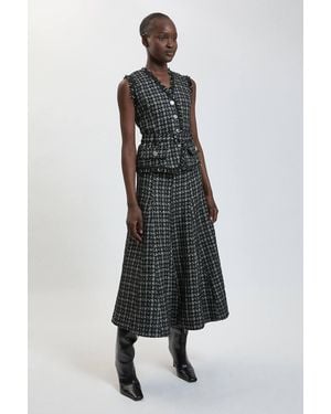 Karen Millen Boucle Tailored Sleeveless Satin Mix Full Skirted Midi Dress - Black