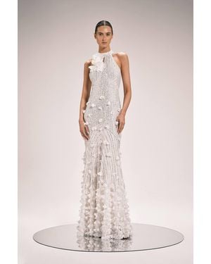 Karen Millen Crystal Applique Woven Maxi Rosette Maxi Dress - Natural