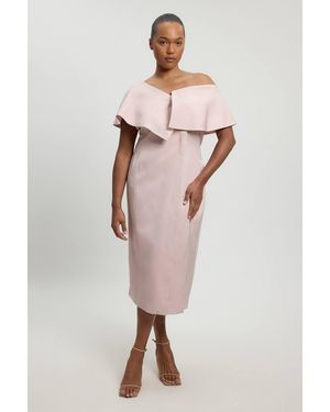 Karen Millen Plus Size Polished Linen Blend Asymmetric Fold Detail Tailored Midi Pencil Dress - Natural