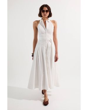 Karen Millen Cotton Collared Halter Neck Woven Midi Shirt Dress With Dropped Waist Detail - White