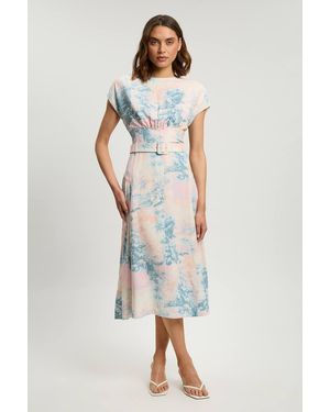 Karen Millen Scenic Print Contrast Topstitch Belted Midi Dress - Pink