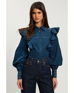 Karen Millen Petite Cotton Sateen Drama Sleeve Studded Woven Maxi Shirt - Blue