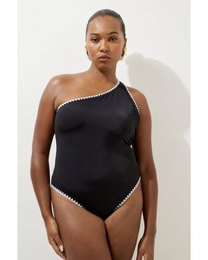 Karen Millen Plus Size Contrast Stitch One Shoulder Swimsuit - Black