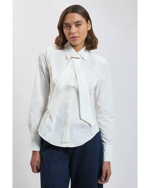 Karen Millen Cotton Poplin Tie Neck Trim Detail Collared Shirt - White