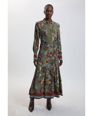 Karen Millen Floral Print Belt Detail Viscose Midi Shirt Dress - Green