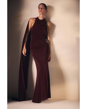 Karen Millen Premium Slinky Crepe High Neck Scarf Detail Maxi Dress - Brown