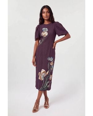 Karen Millen Puff Sleeve Hand-Embellished Column Midi Dress - Purple