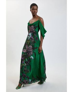 Karen Millen Placement Orchid Print Cold Shoulder Maxi Dress - Green