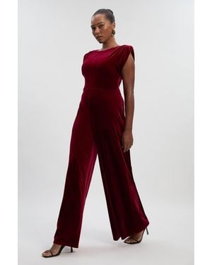 Karen Millen Plus Size Stretch Velvet Strong Shoulder Jumpsuit - Red