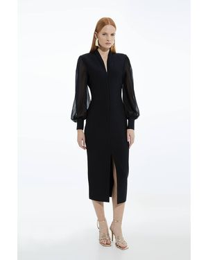 Karen Millen Bandage Figure Form Zip Detail Chiffon Sleeve Knit Dress - Black