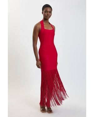 Karen Millen Figure Form Bandage Fringe Knit Halter Neck Midi Dress - Red