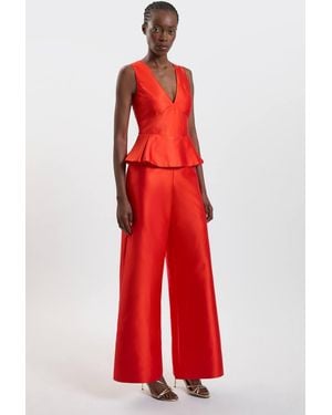 Karen Millen Satin Twill Peplum Wide Leg Jumpsuit - Red
