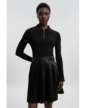 Karen Millen Knitted Zip Neck Pu Mix Pleated Mini Dress - Black