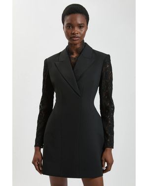 Karen Millen Compact Stretch Lace Sleeve Blazer Mini Dress - Black