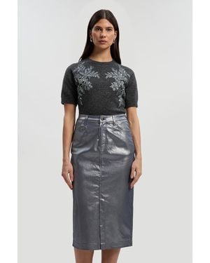 Karen Millen Metallic Coated Denim Pencil Midi Skirt