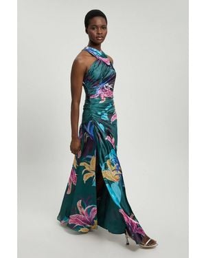 Karen Millen Petite Printed Metallic Floral Woven Maxi Dress - Blue